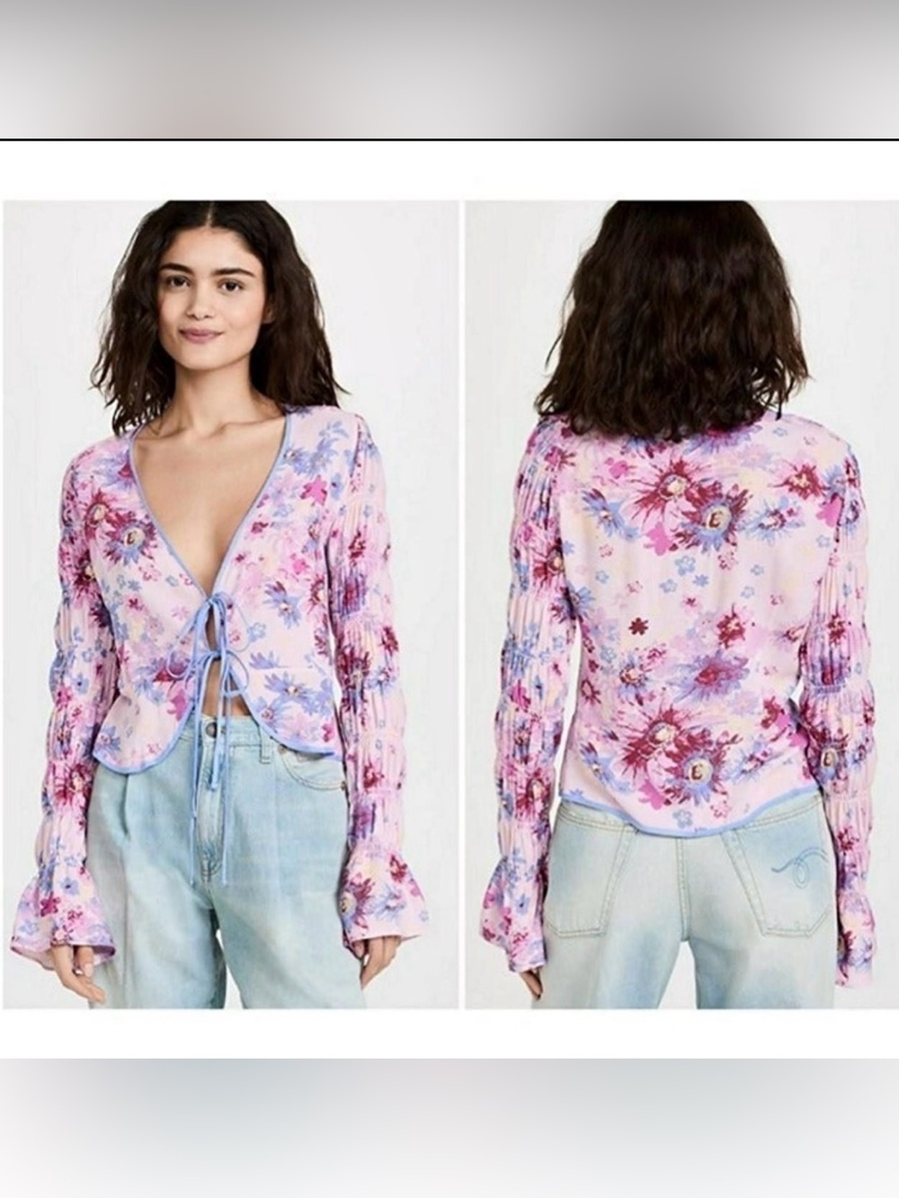 Free People Pink Floral Tie-Front Long Sleeve Top